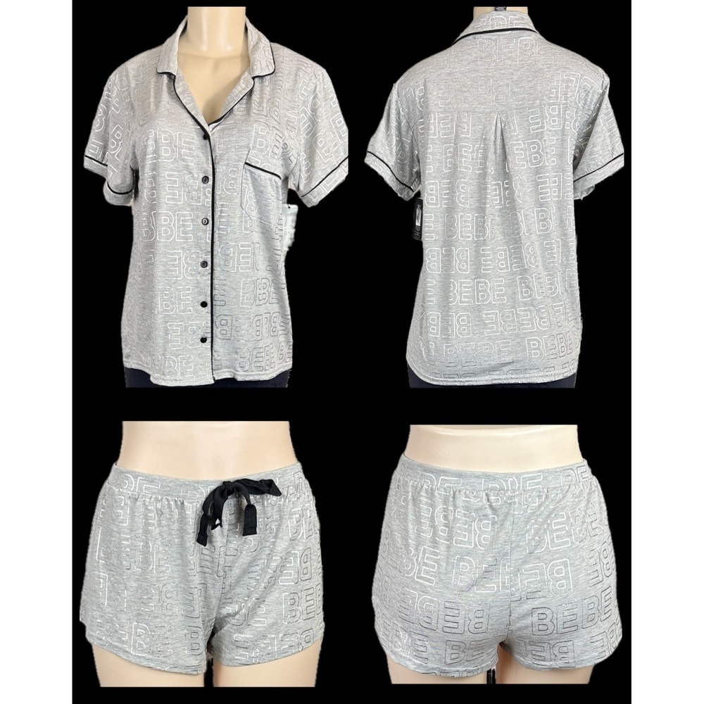 Bebe XL Women's Gray Heather Metallic Logo Pajama Set Short Sleeve Top Shorts